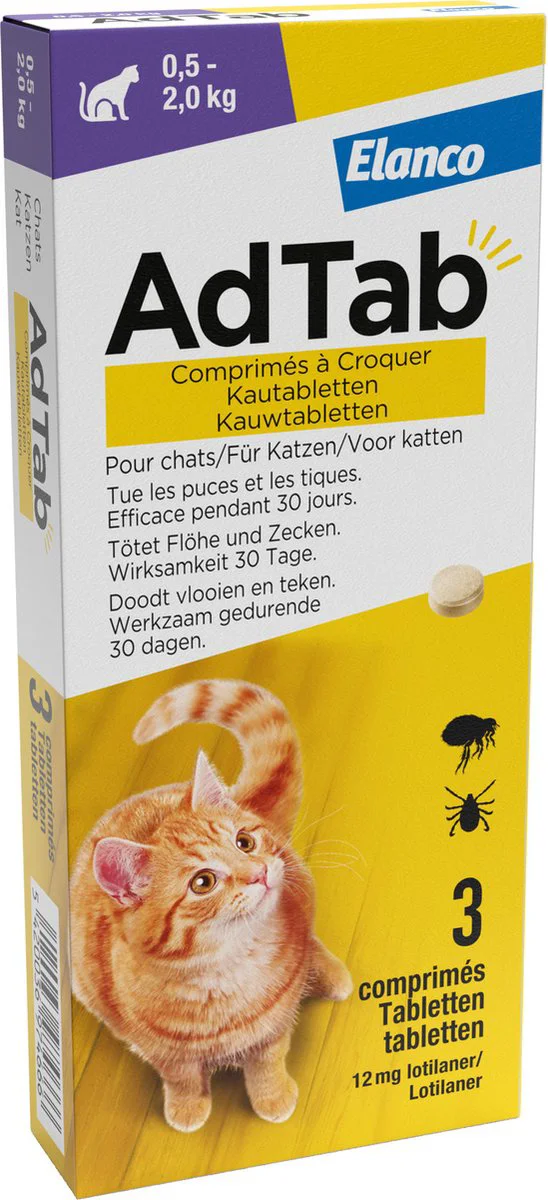 AdTab Anti Vlo en Teek Kauwtabletten Kat 0,5-2,0 kg 3 tabletten