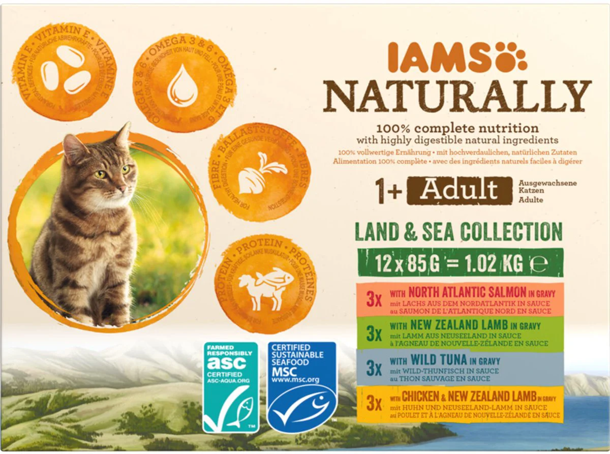 2x IAMS Naturally Kat Adult Land - Sea Collection 12 x 85 gr