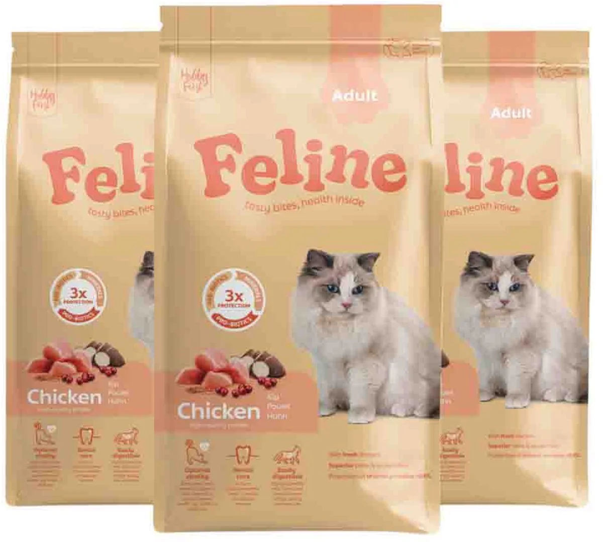 3x HobbyFirst Feline Kattenvoer Droog Adult Kip 1,5 kg