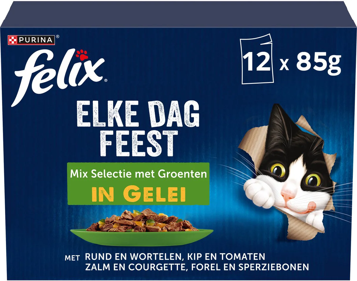 4x Felix Kattenvoer Nat Pouch in Gelei Elke Dag Feest Groente Selectie 12 x 85 gr