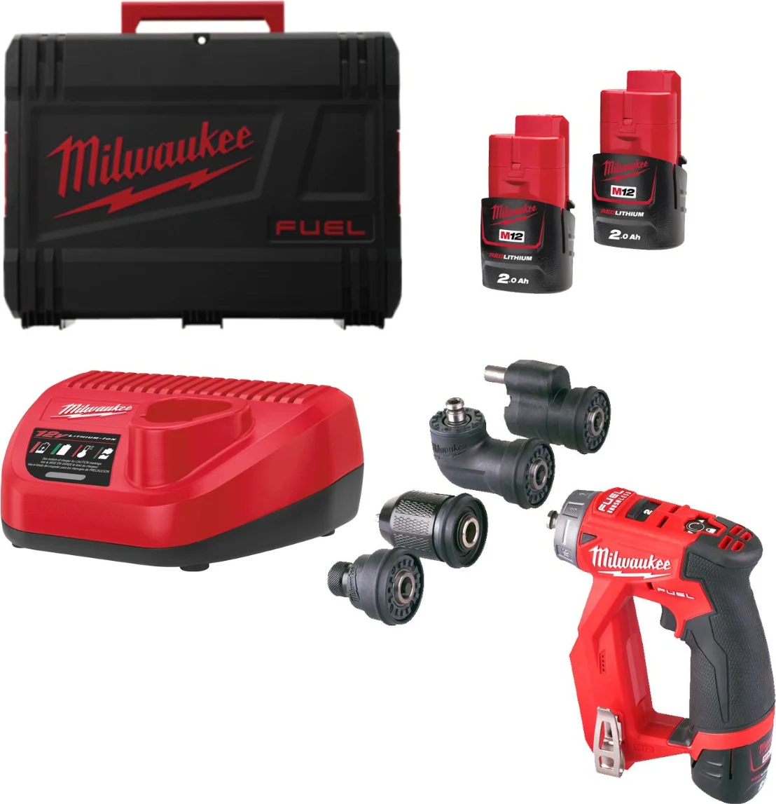 Milwaukee M12 FUEL™ FDDXKIT-202X Accu instalatieboor-/schroefmachine + 4x hulpstukken 12V 2.0Ah in HD-Box - 4933464979