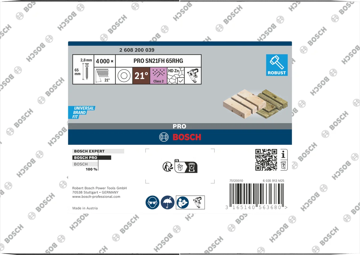 Bosch Professional PRO SN21FH Full-head nagel 65 mm | 21° | Geringd | Heavy Duty Gegalvaniseerd | 2,8 x 7,0 | 4000 stuks - 2608200039