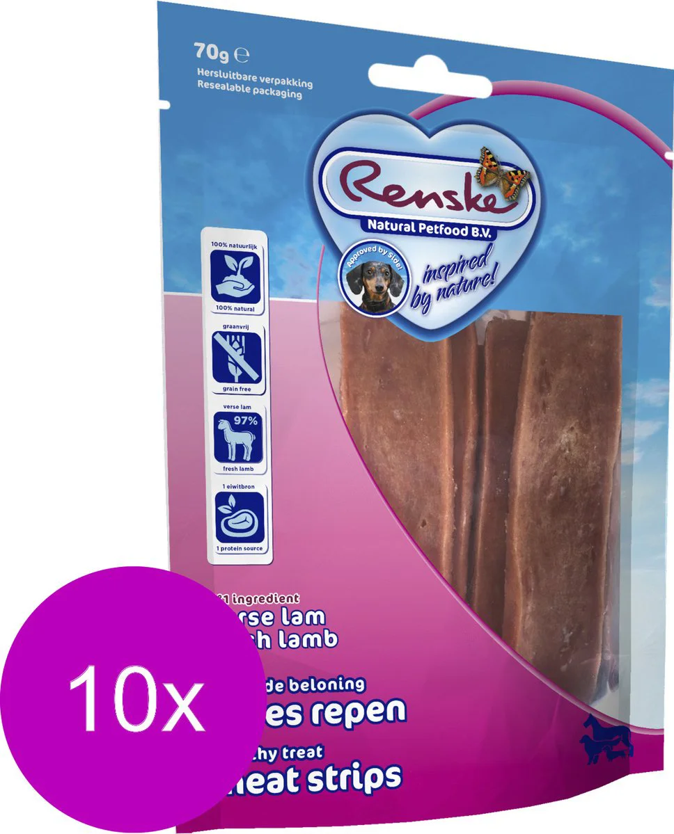 10x Renske Gezonde Beloning Vleesrepen Hondensnack Lam 70 gr