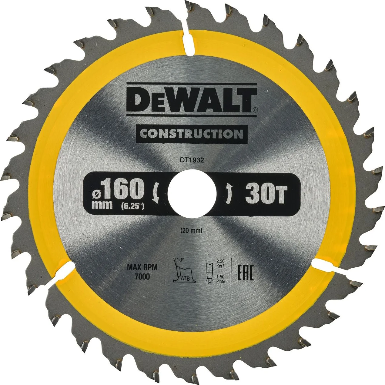 DeWALT Cirkelzaagblad voor Hout | Construction | Ø 160mm Asgat 20mm 30T - DT1932-QZ