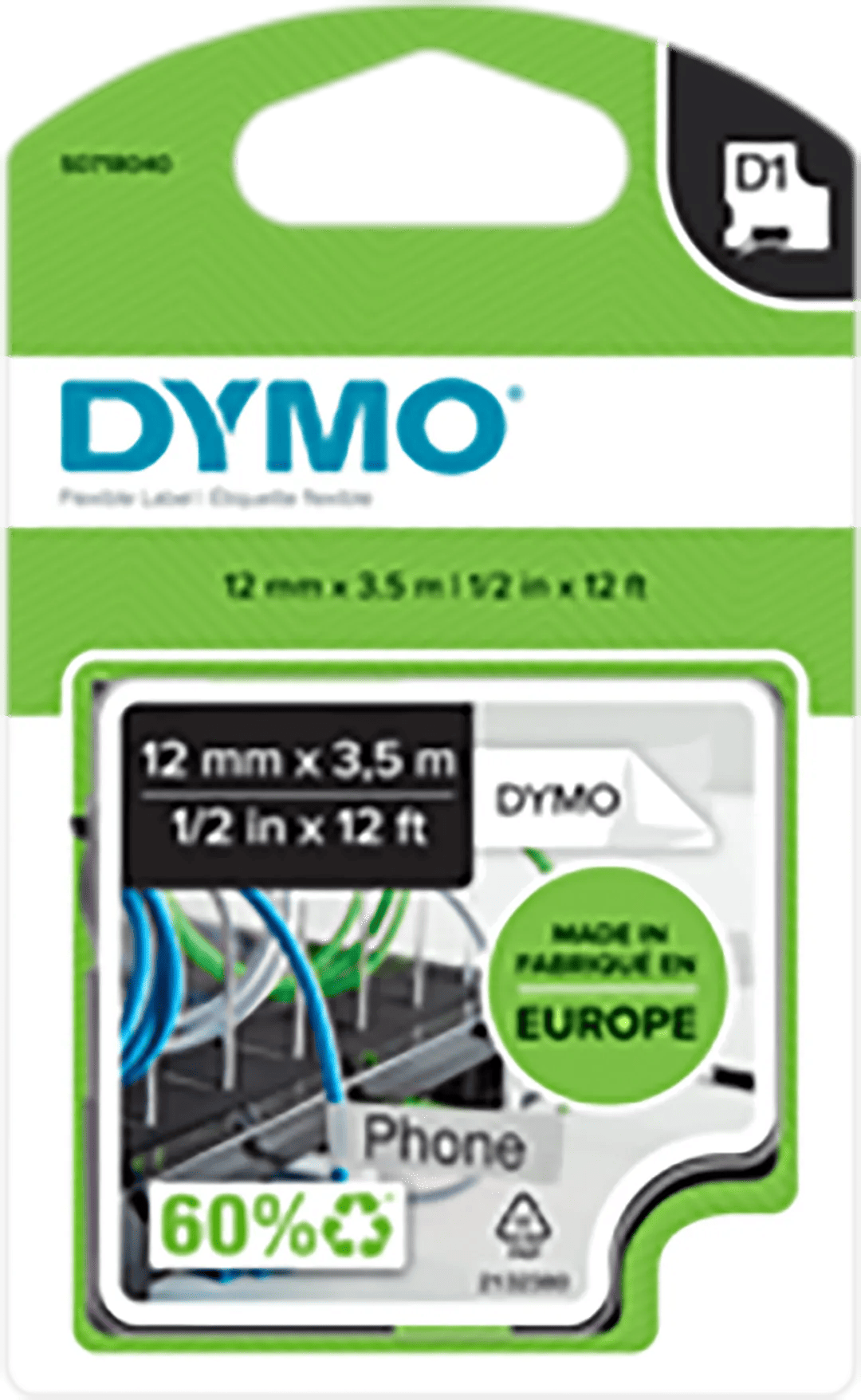 DYMO Flexible Nylon 12mm x 3,5m Zwart Wit Labels
