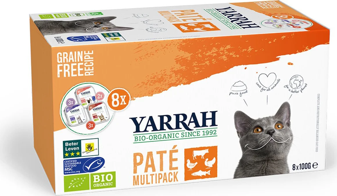 8x Yarrah Bio Kattenvoer Multipack Paté Graanvrij Kip & Rund 8 x 100 gr
