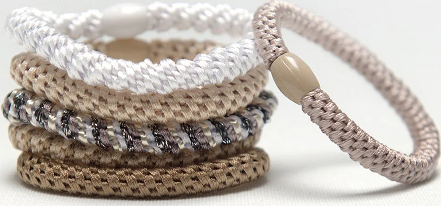 Funky Harties Luxe Gevlochten Haarelastiekjes met Kraal - Set van 6 Stuks - Licht Taupe Tinten - Sterk, Zacht & Verslapt Niet - 6.2 cm
