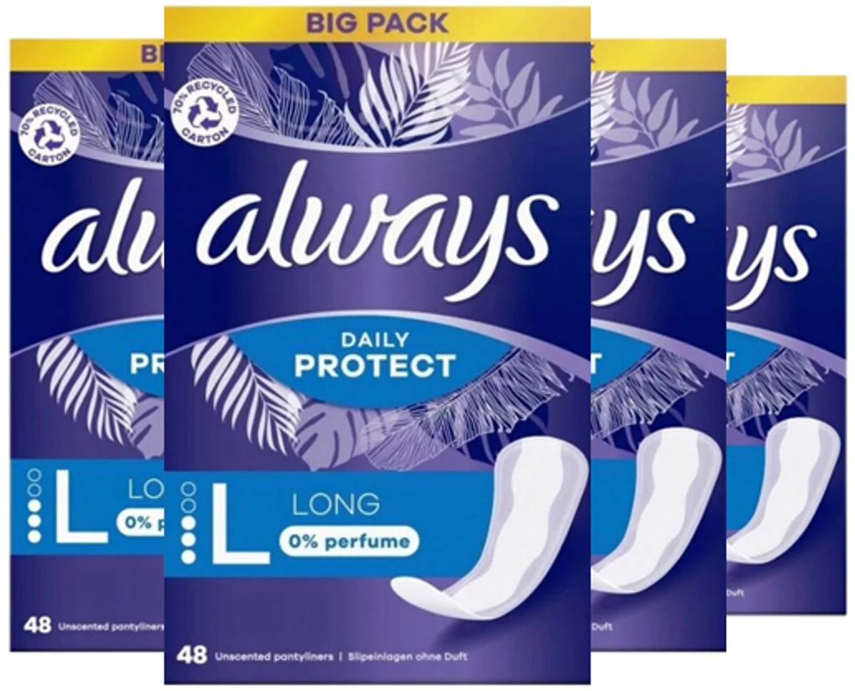 4x Always Daily Protect Inlegkruisjes Long 0% Perfume 48 stuks