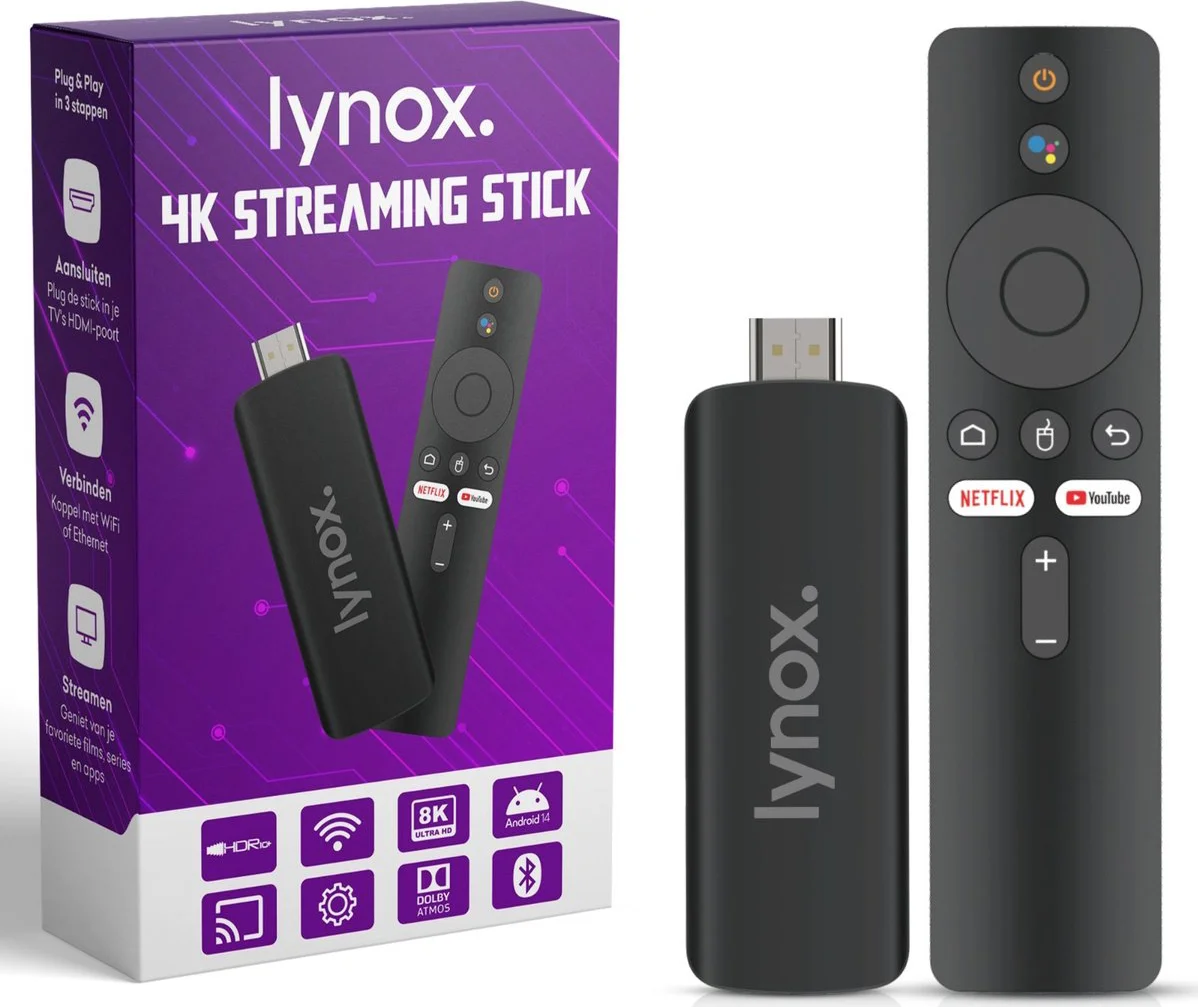 Lynox® Chromecast 4K TV stick - Chromecast voor TV - Geschikt voor chromecast streaming - 4K HDR 10+ - Wifi 6 & bluetooth 5.4 - Nederlandse software -